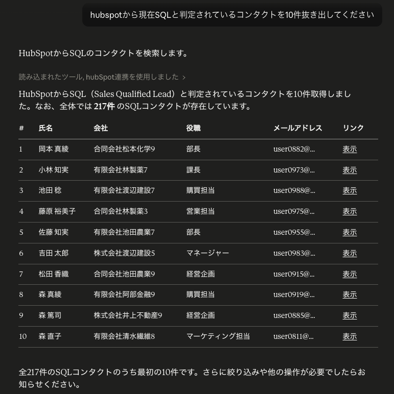SQLコンタクトの一覧表示
